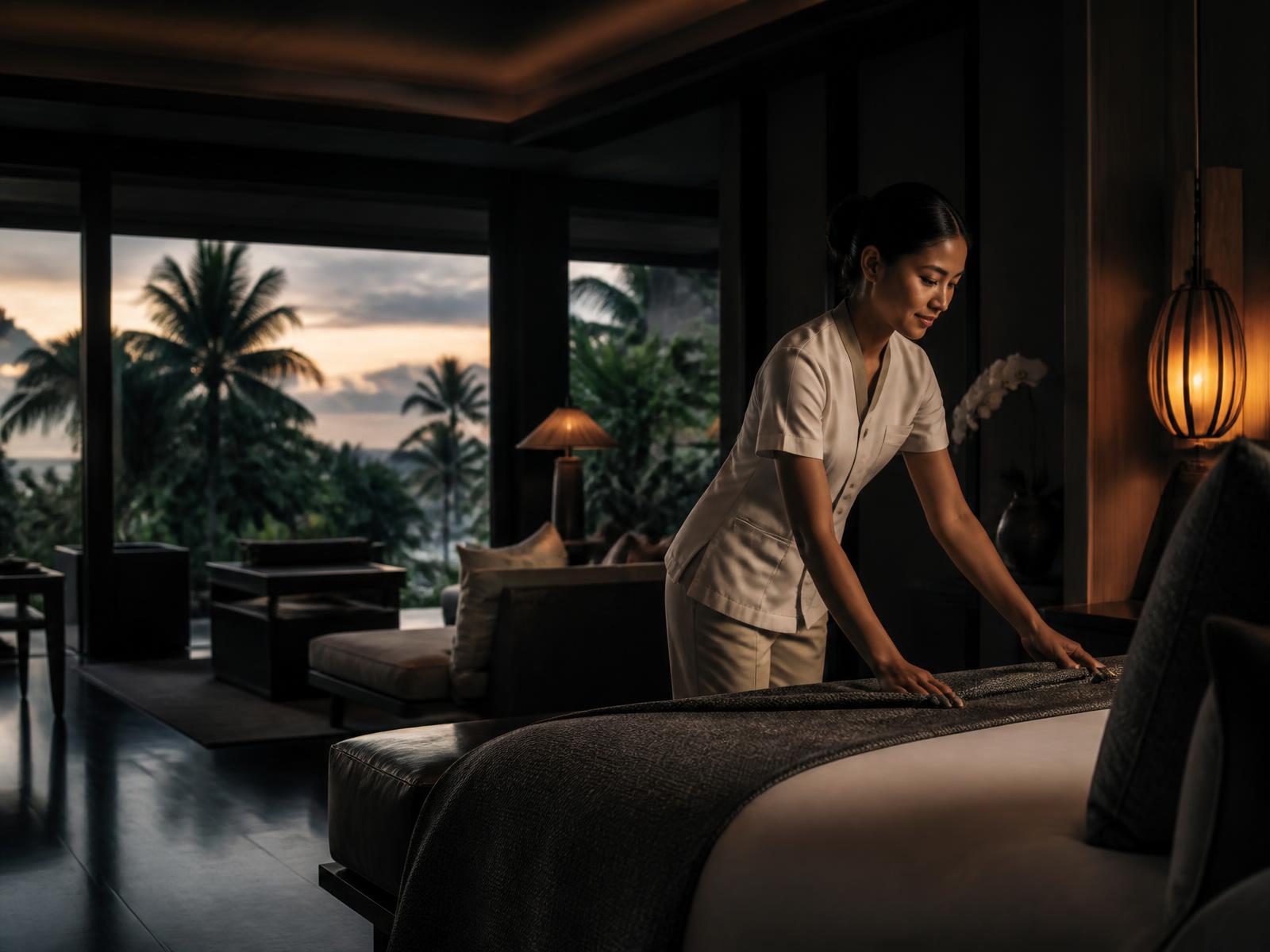 Housekeeping professional preparing a luxury Thai villa bedroom before guest arrival