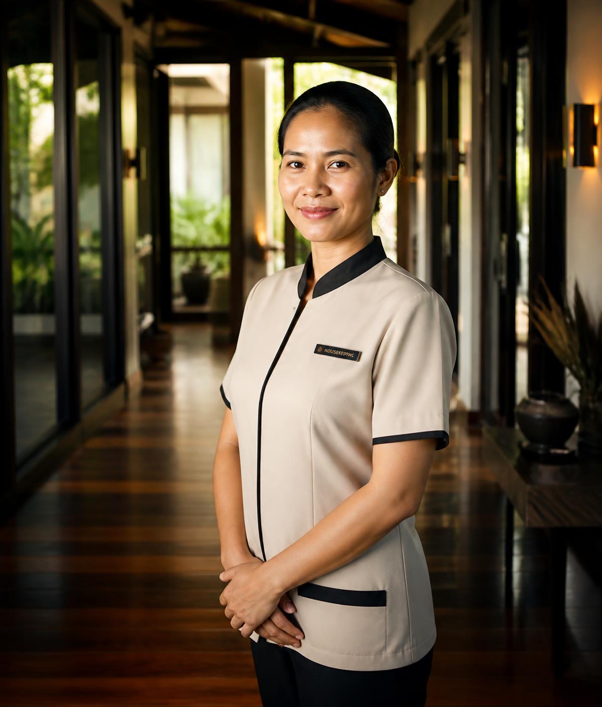 Thai housekeeping professional standing confidently in a luxury villa hallway